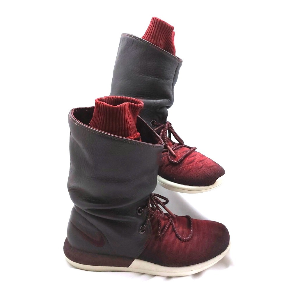 Nike Roshe Two Hi Flyknit Sneaker Boots Womens Sz 7‎ Burgundy Leather Knit 2016